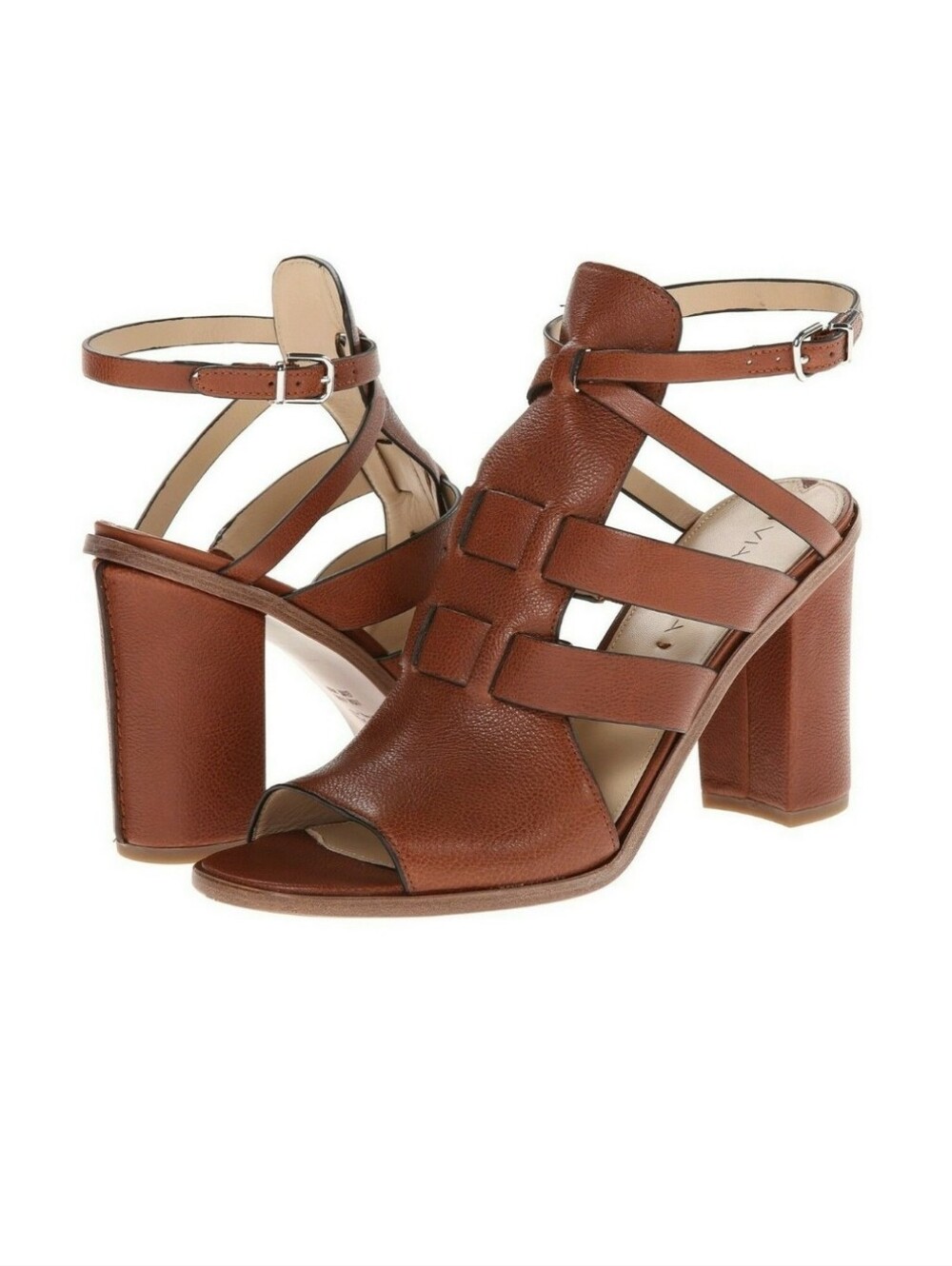 Via Spiga Brandina Brown Leather Open Toe Gladiator Block Stacked Heel Sandal 7M